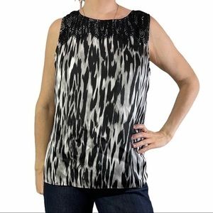 ANNE KLEIN Grey Lace Yoke Sleeveless Top Large